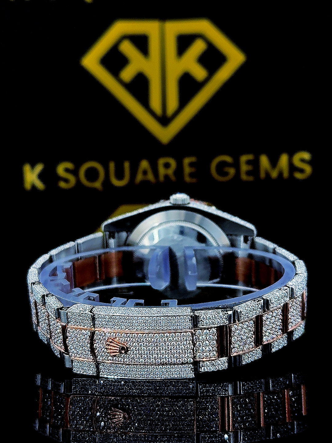 Iced Out Two Tone Rolex Datejust Arabic Dial Moissanite Diamond Watch Back View