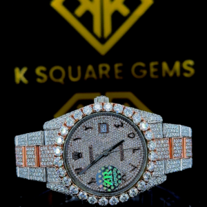 Iced Out Two Tone Rolex Datejust Arabic Dial Moissanite Diamond Watch Front View