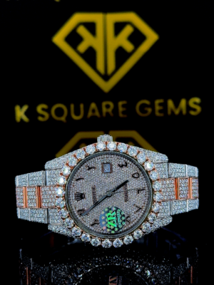 Rolex Datejust Arabic Numerals Pave Diamond Dial Two Tone Rose Gold Fully Iced Moissanite Watch