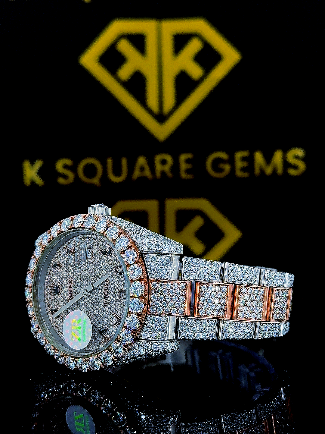 Iced Out Two Tone Rolex Datejust Arabic Dial Moissanite Diamond Watch Left Side View
