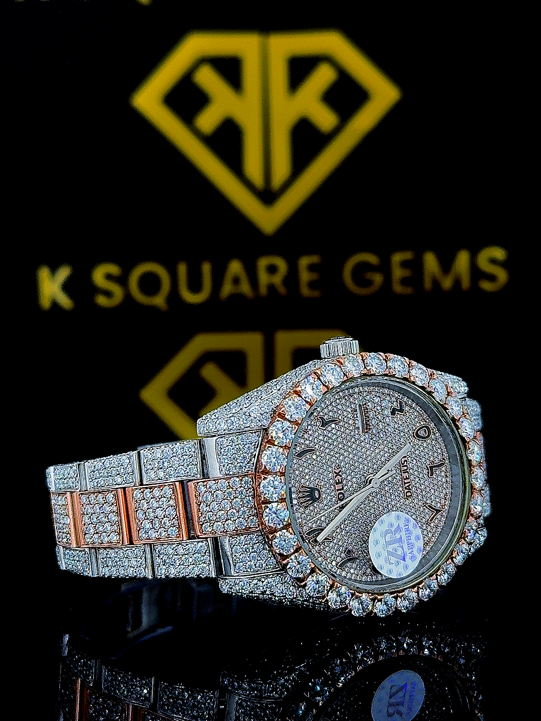 Iced Out Two Tone Rolex Datejust Arabic Dial Moissanite Diamond Watch Right Side View