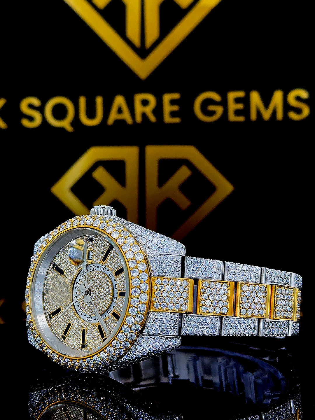 Left view of Two Tone Yellow Dial Rolex Moissanite Diamond Watch