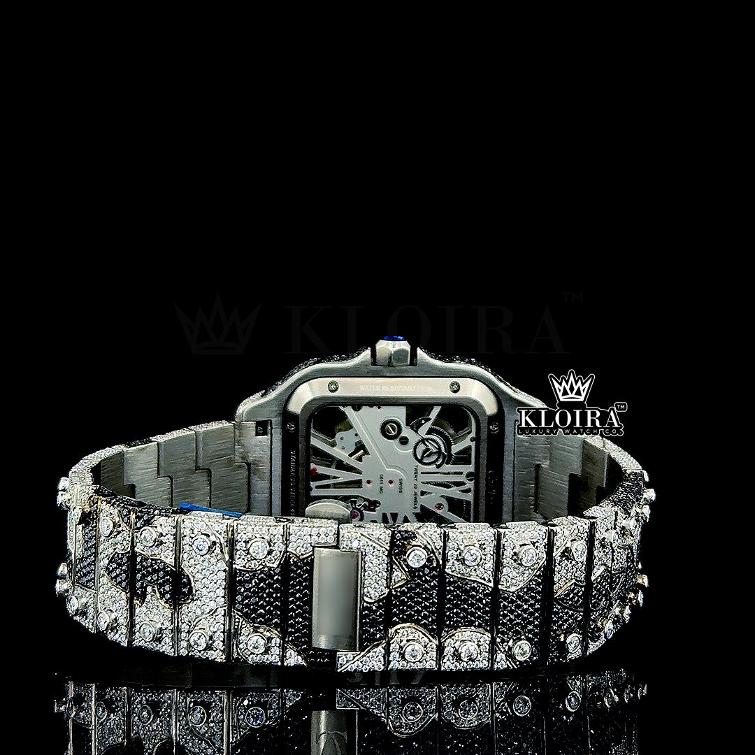 Cartier Santos Skeleton Openwork Dial Black and White Diamond Moissanite Watch