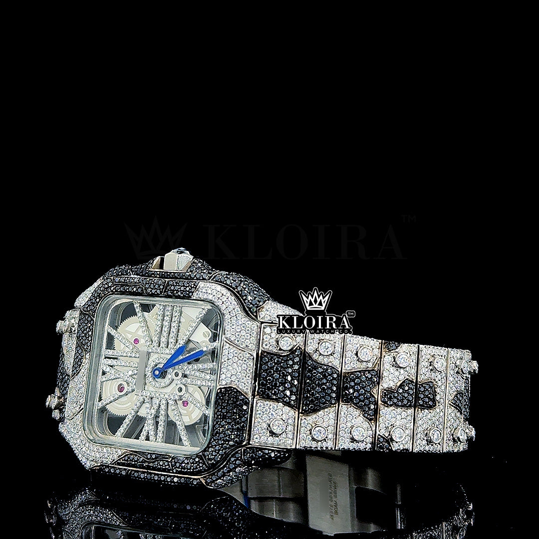 Cartier Santos Skeleton Openwork Dial Black and White Diamond Moissanite Watch