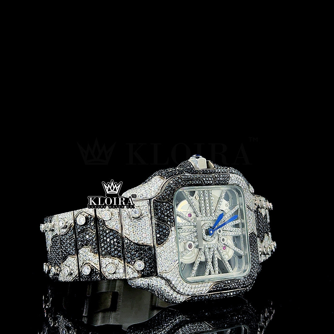 Cartier Santos Skeleton Openwork Dial Black and White Diamond Moissanite Watch