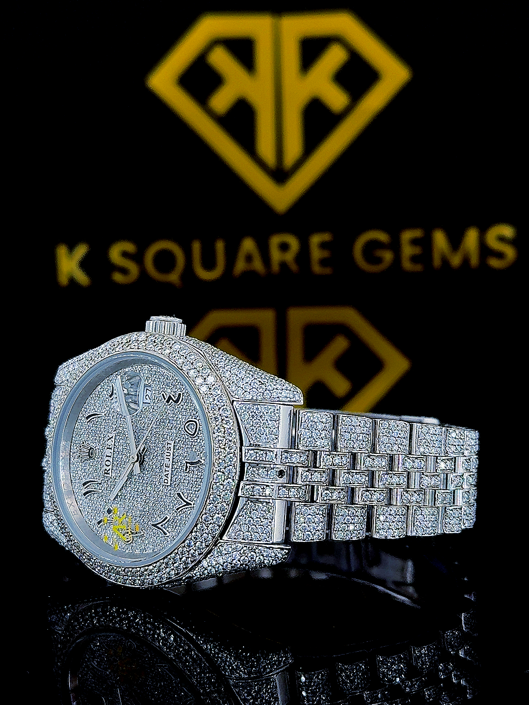 Rolex Arabic Dial Full Iced Out Moissanite Diamond Watch Left Side View