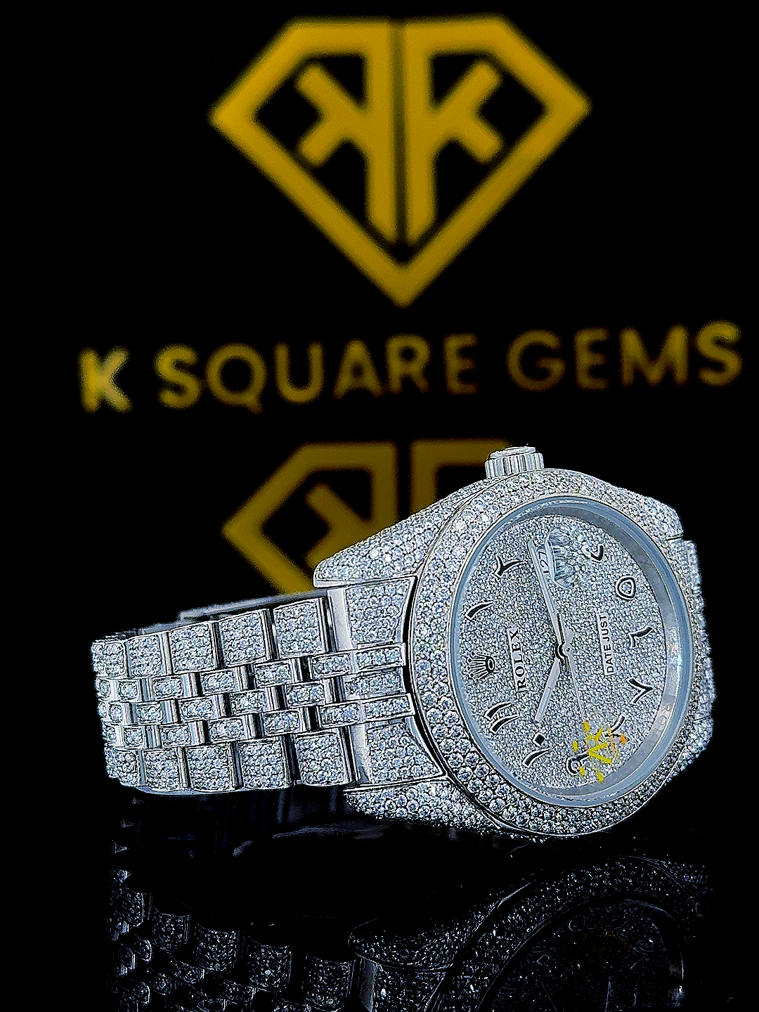 Rolex Arabic Dial Full Iced Out Moissanite Diamond Watch Right Side View