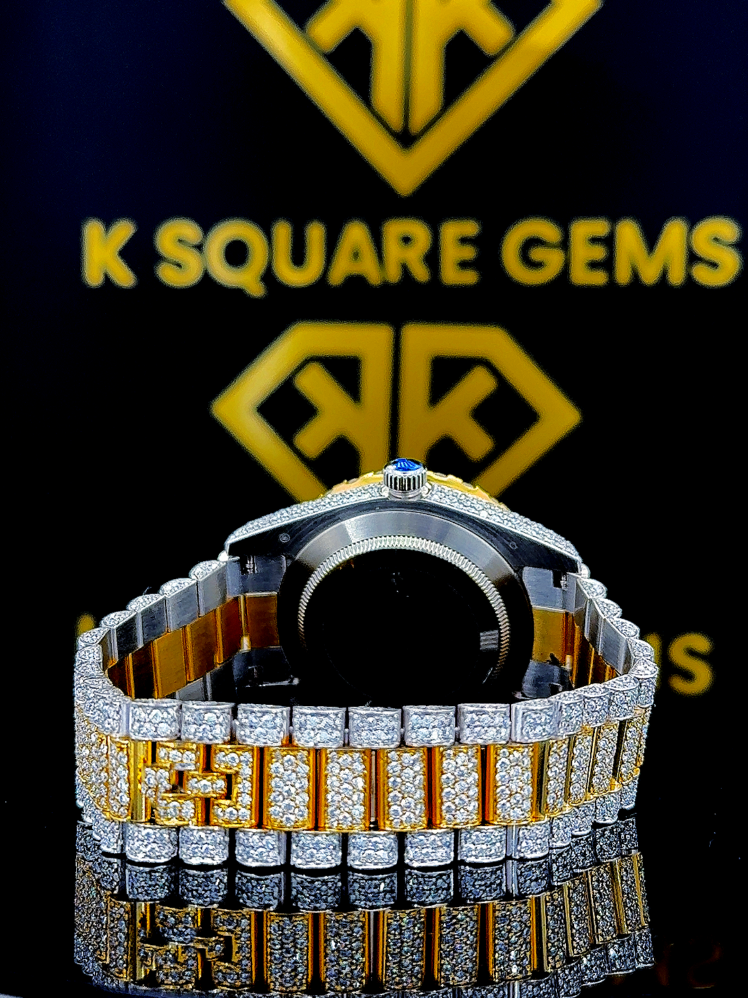 Rolex Day Date Roman Numeral Two Tone Moissanite Diamond Watch Back View
