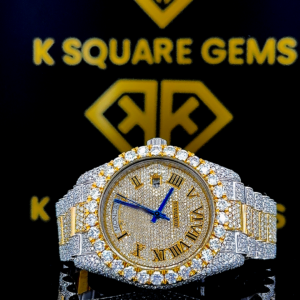 Rolex Day Date Roman Numeral Two Tone Moissanite Diamond Watch Front View