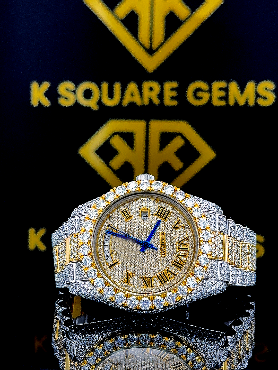 Rolex Day Date Roman Numeral Two Tone Moissanite Diamond Watch Front View