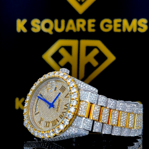 Rolex Day Date Roman Numeral Two Tone Moissanite Diamond Watch Left Profile View