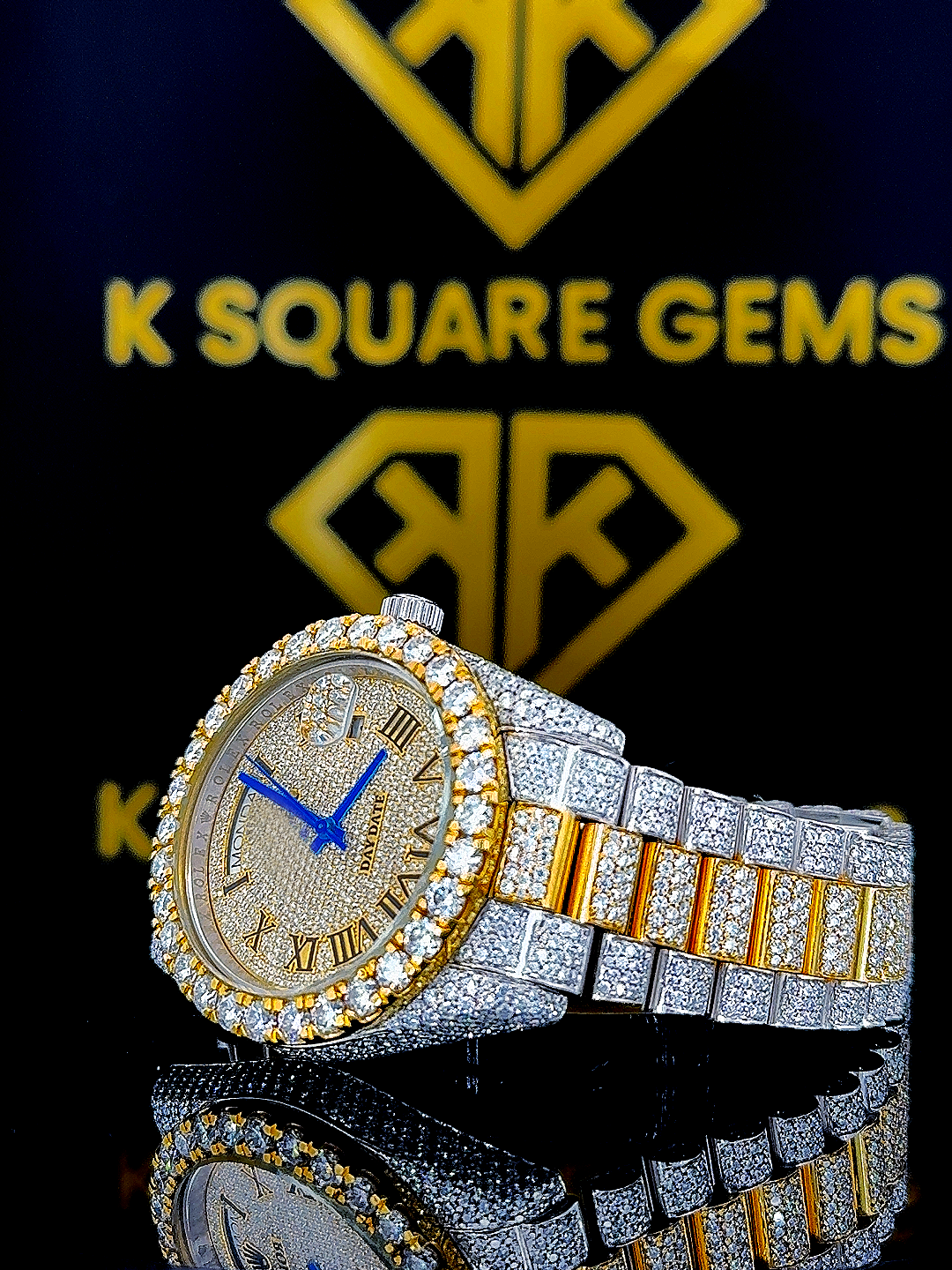 Rolex Day Date Roman Numeral Two Tone Moissanite Diamond Watch Left Profile View