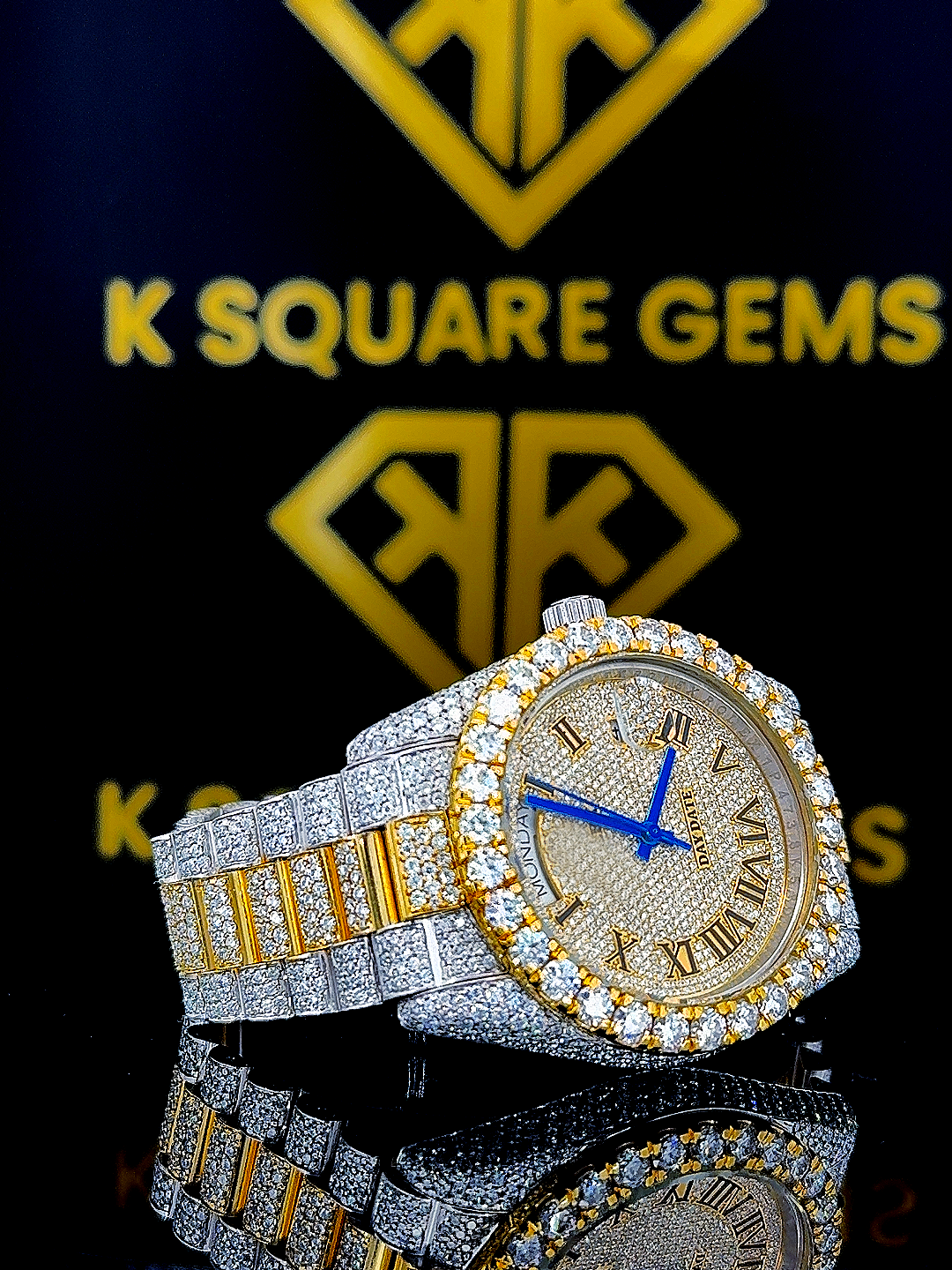 Rolex Day Date Roman Numeral Two Tone Moissanite Diamond Watch Right Profile View