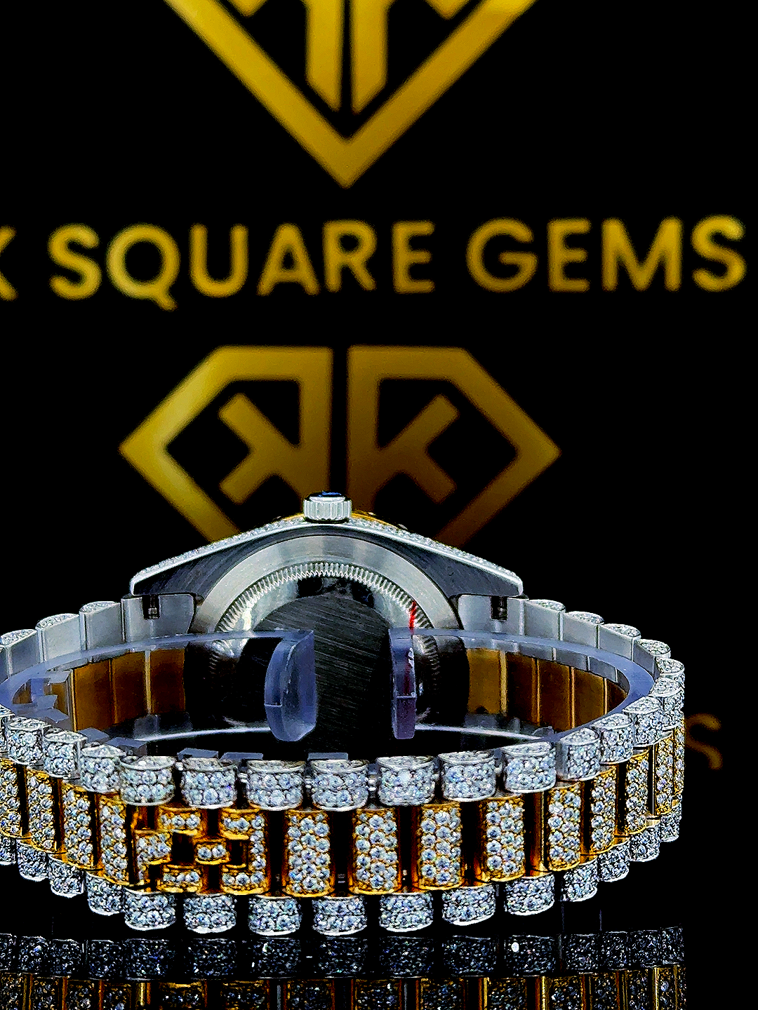 Rolex Day Date Two Tone Yellow Gold Moissanite Diamond Watch Back Profile View
