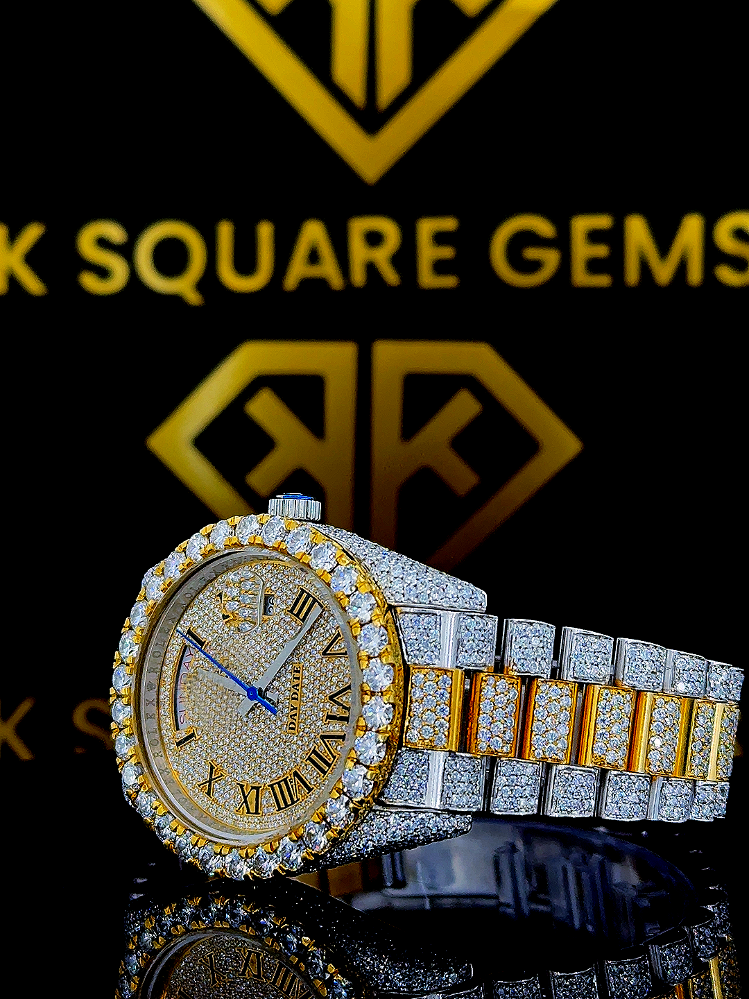 Rolex Day Date Two Tone Yellow Gold Moissanite Diamond Watch Left Profile View