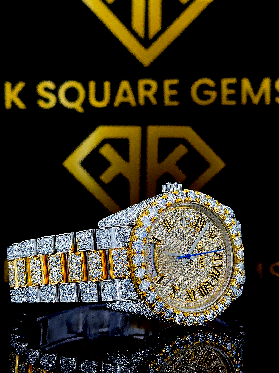 Rolex Day Date Two Tone Yellow Gold Moissanite Diamond Watch Right Profile View