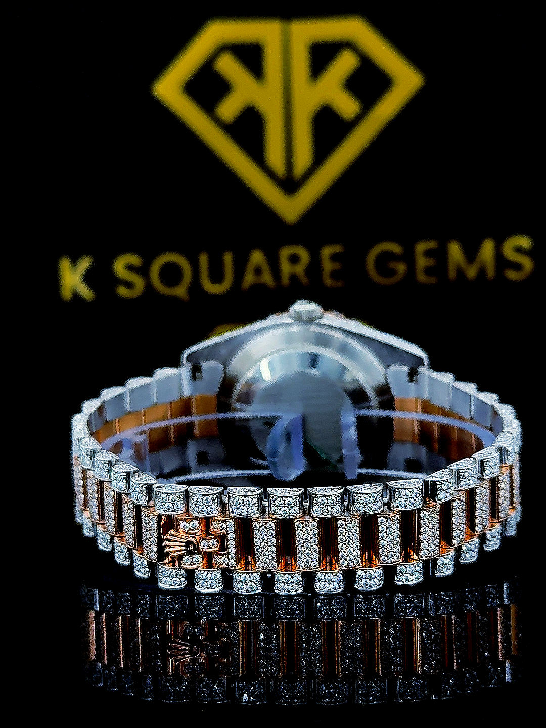 Rolex Iced Out Two Tone Day-Date Red Dial Moissanite Diamond Watch Back View
