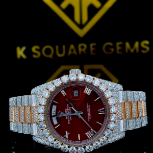 Rolex Iced Out Two Tone Day-Date Red Dial Moissanite Diamond Watch Front Close View