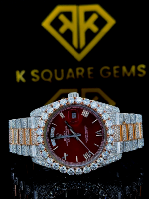 Rolex Iced Out Two Tone Day-Date Red Dial Moissanite Diamond Watch