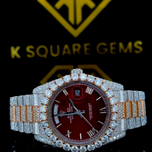 Rolex Iced Out Two Tone Day-Date Red Dial Moissanite Diamond Watch Front View