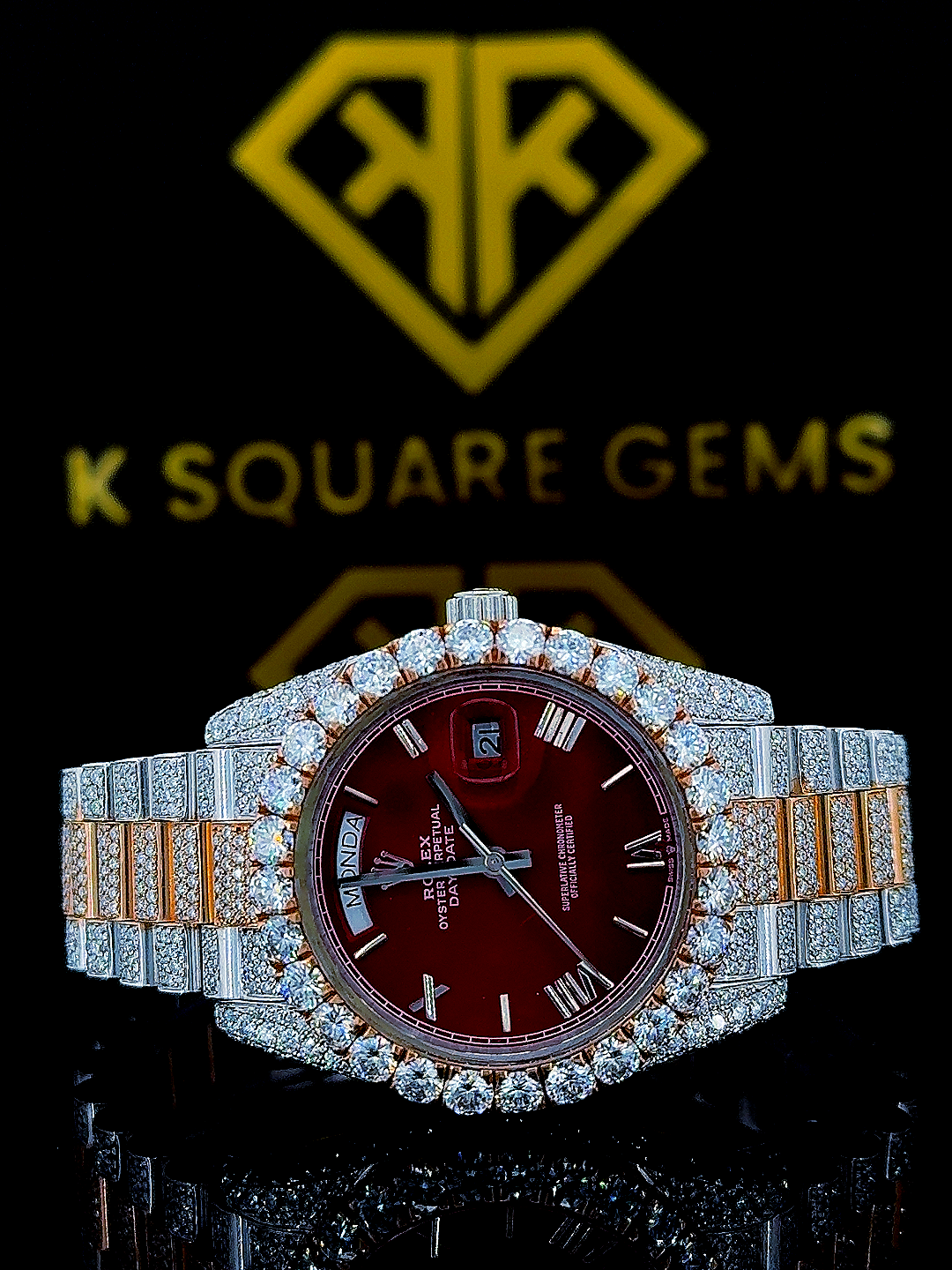Rolex Iced Out Two Tone Day-Date Red Dial Moissanite Diamond Watch Front View