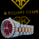 Rolex Iced Out Two Tone Day-Date Red Dial Moissanite Diamond Watch Left Side View