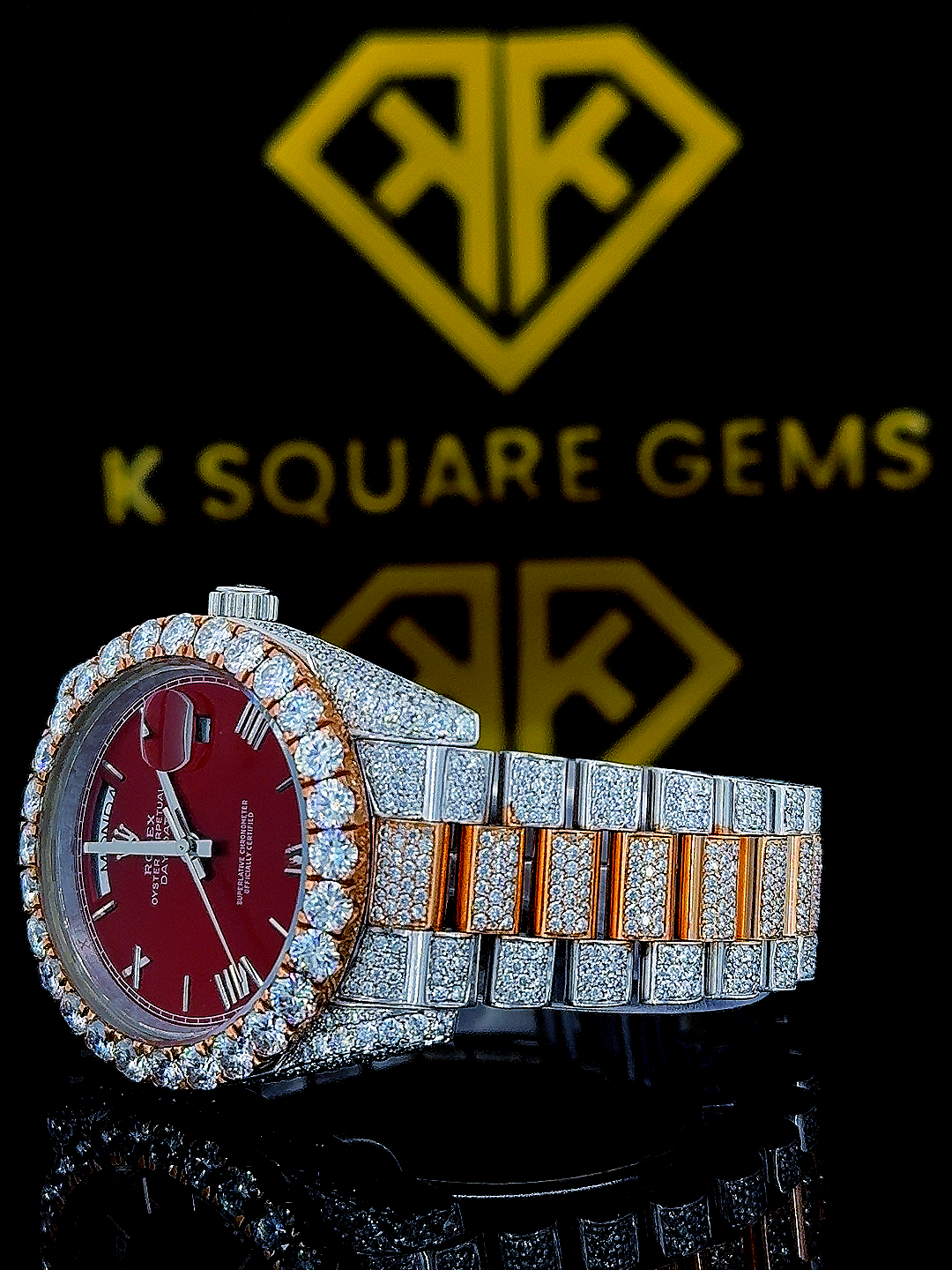 Rolex Iced Out Two Tone Day-Date Red Dial Moissanite Diamond Watch Left Side View