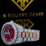 Rolex Iced Out Two Tone Day-Date Red Dial Moissanite Diamond Watch Left View