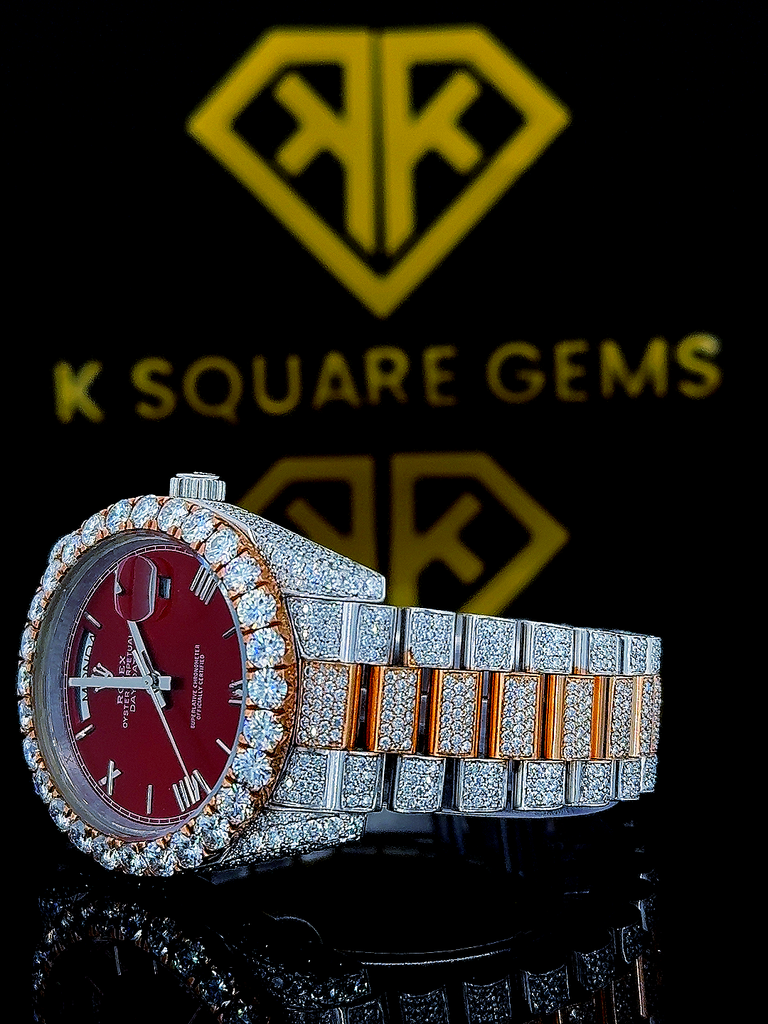 Rolex Iced Out Two Tone Day-Date Red Dial Moissanite Diamond Watch Left View