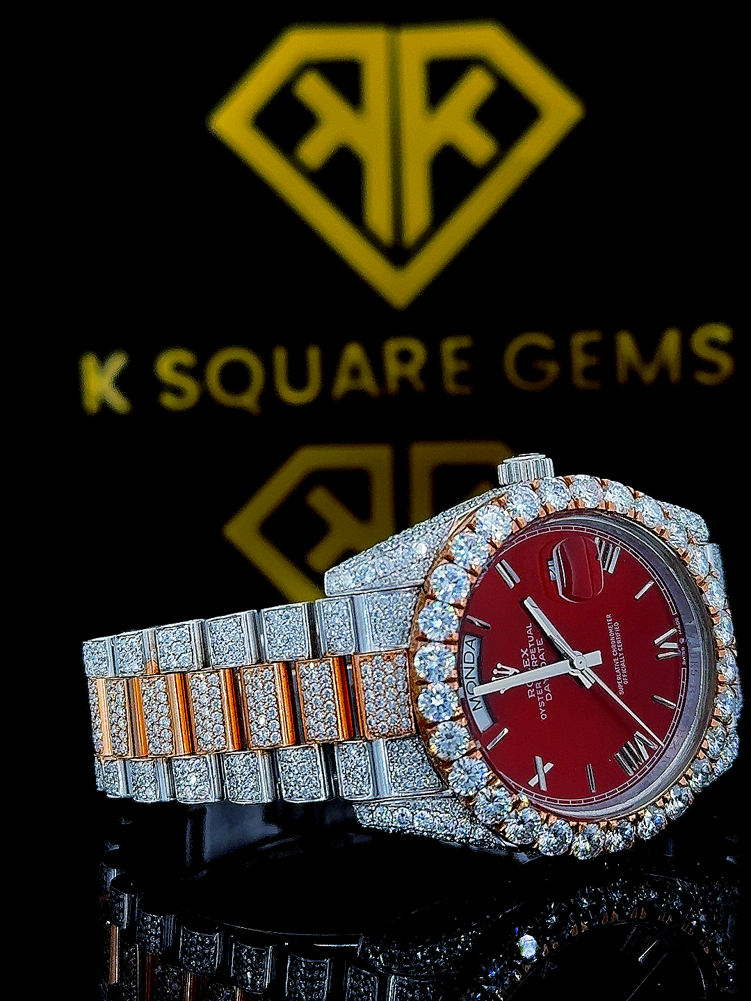 Rolex Iced Out Two Tone Day-Date Red Dial Moissanite Diamond Watch Right Side View