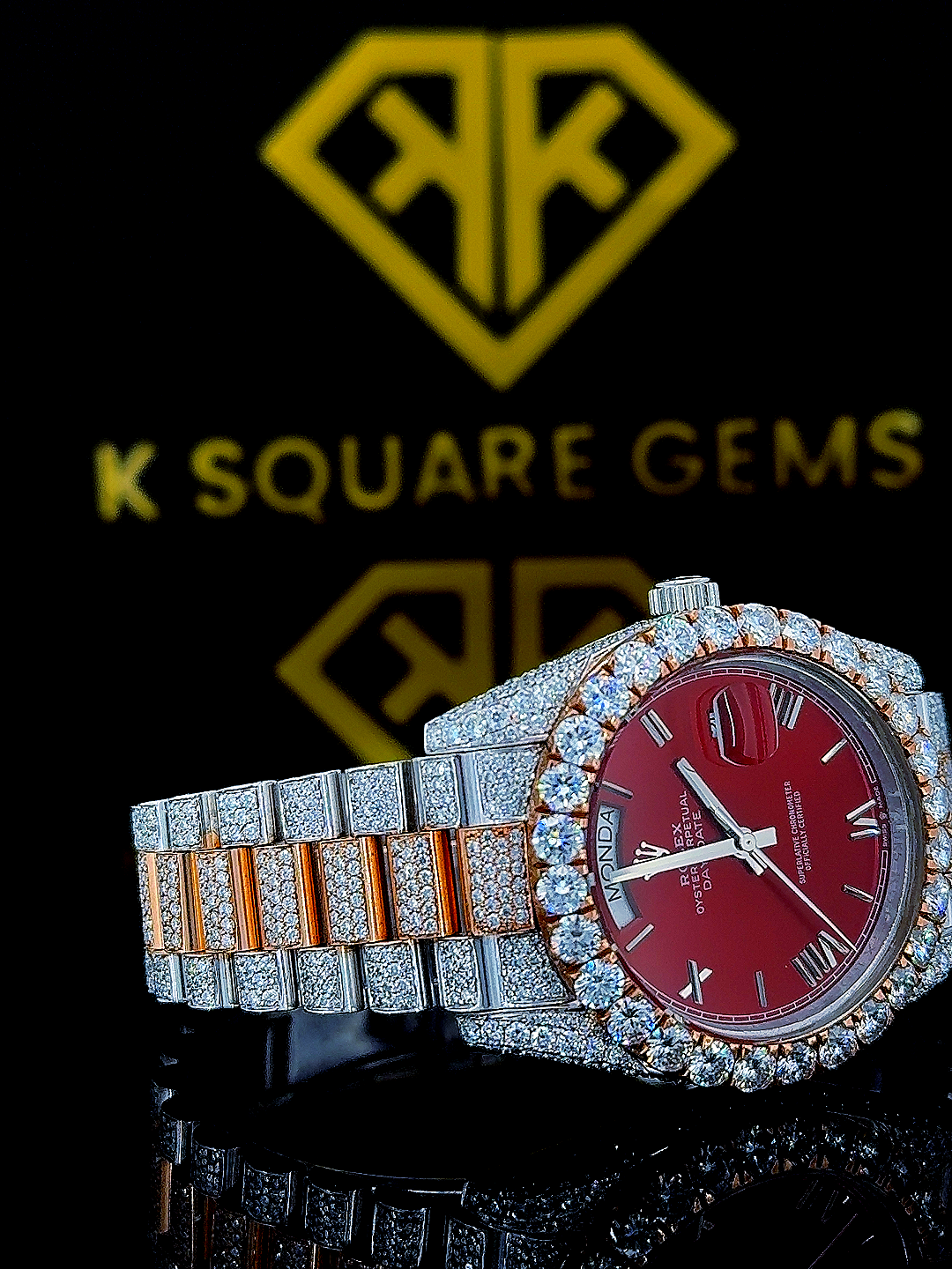 Rolex Iced Out Two Tone Day-Date Red Dial Moissanite Diamond Watch Right View