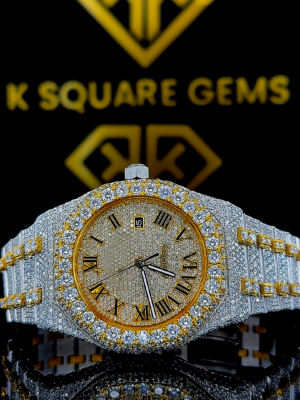 AP Royal Oak Roman Numerals Pave Diamond Dial Yellow Gold Two Tone Moissanite Watch