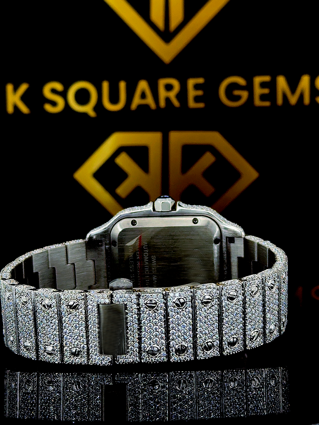 Roman Numeral Santos De Cartier White Gold Moissanite Diamond Watch Back Side View