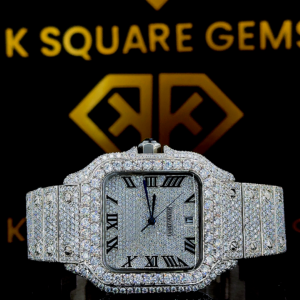 Roman Numeral Santos De Cartier White Gold Moissanite Diamond Watch Front View