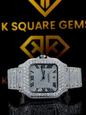 Cartier Santos Roman Numerals Pave Diamond Dial Fully Iced Out Moissanite Watch