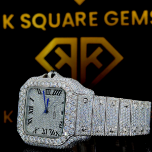 Roman Numeral Santos De Cartier White Gold Moissanite Diamond Watch Left Side View