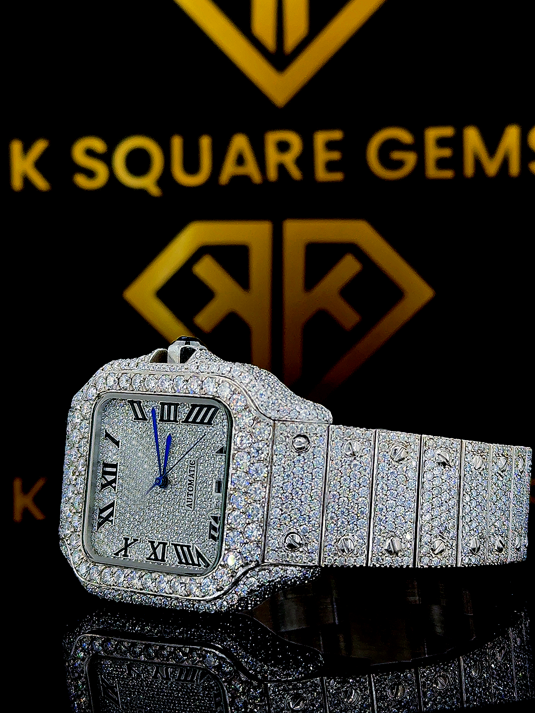 Roman Numeral Santos De Cartier White Gold Moissanite Diamond Watch Left Side View