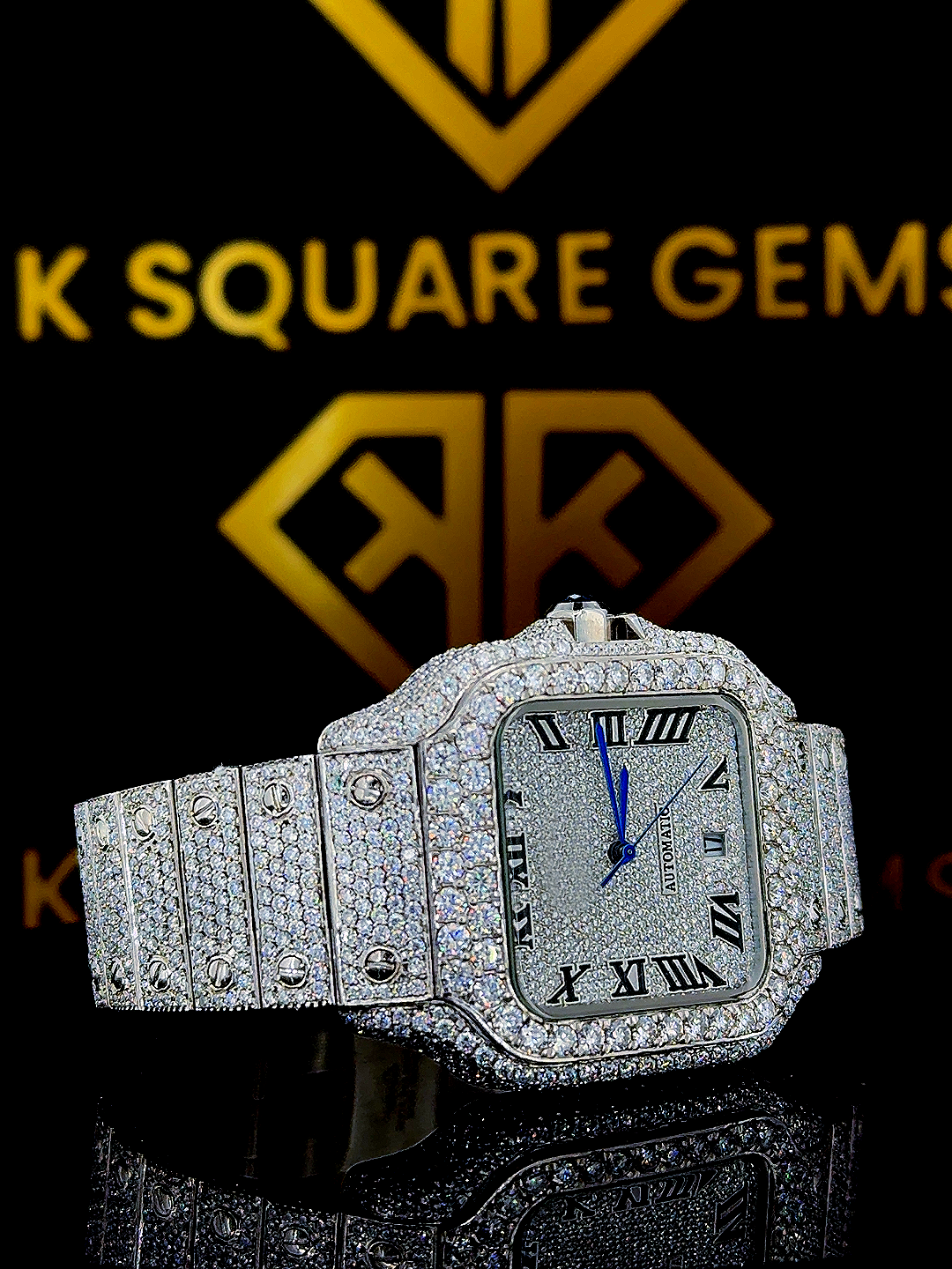 Roman Numeral Santos De Cartier White Gold Moissanite Diamond Watch Right Side View