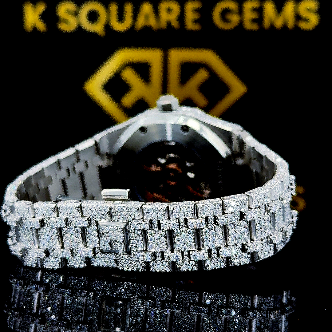 Royal Oak Roman Numeral Iced Out Moissanite Diamond Watch Back View