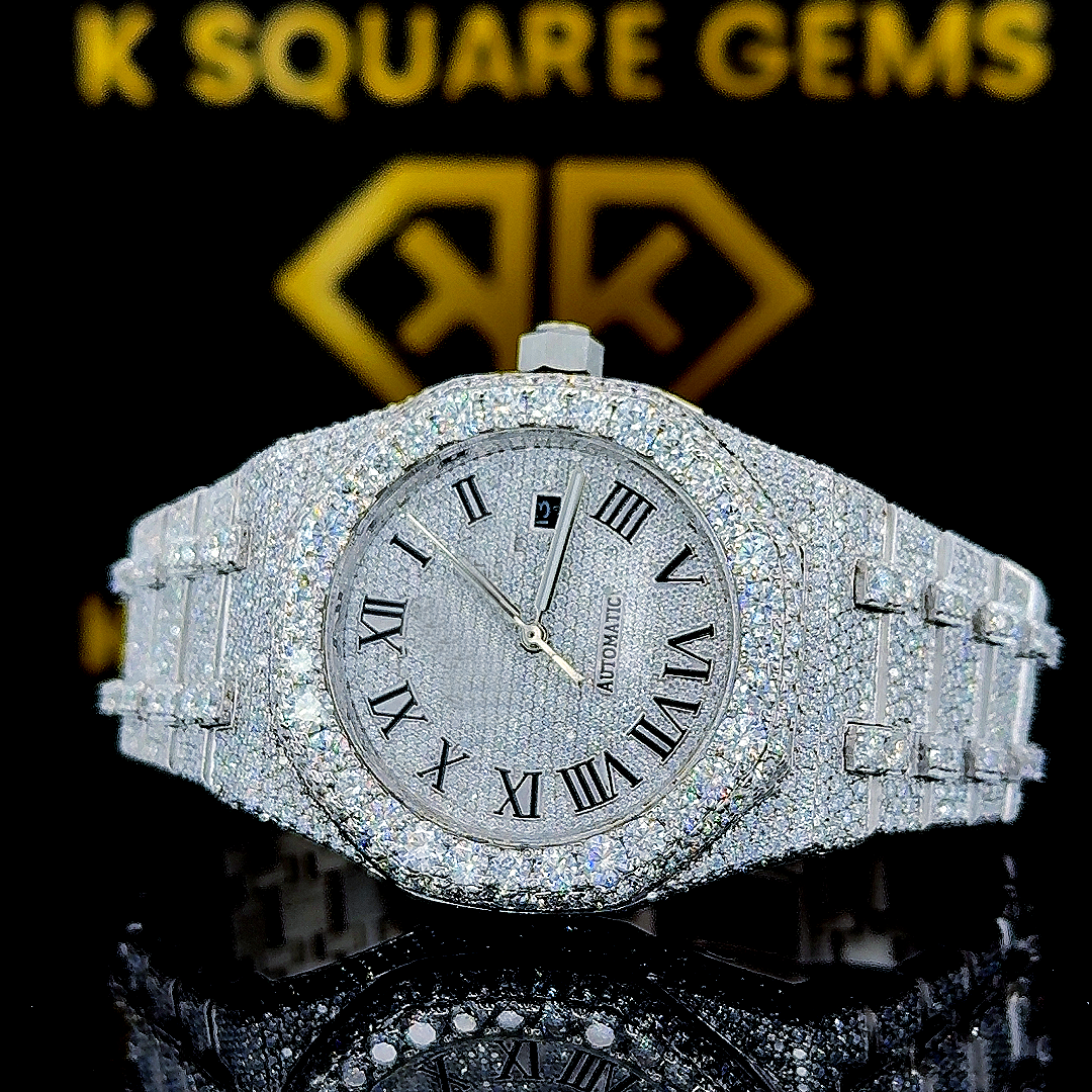 Royal Oak Roman Numeral Iced Out Moissanite Diamond Watch Front View