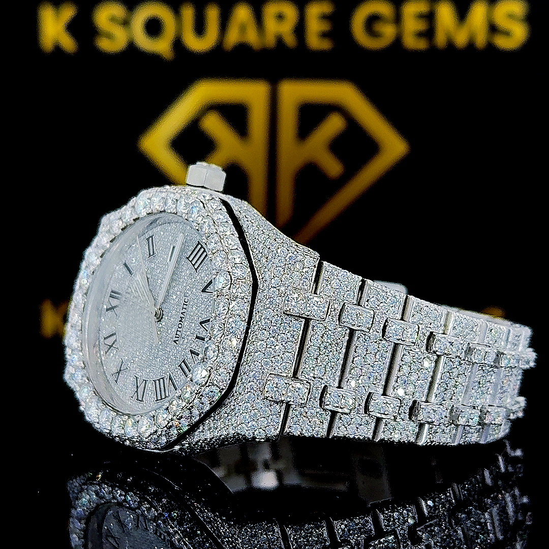 Royal Oak Roman Numeral Iced Out Moissanite Diamond Watch Left Profile View