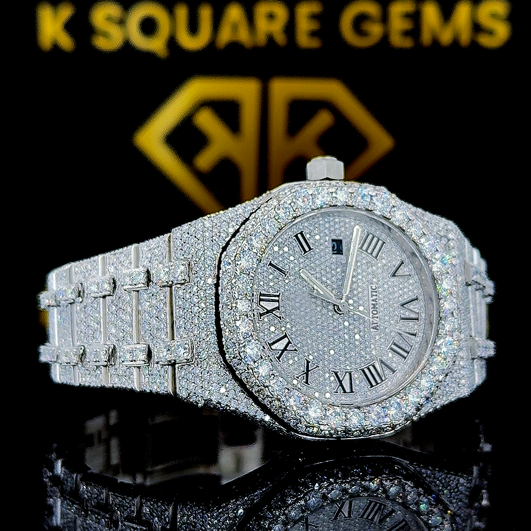 Royal Oak Roman Numeral Iced Out Moissanite Diamond Watch Right Profile View