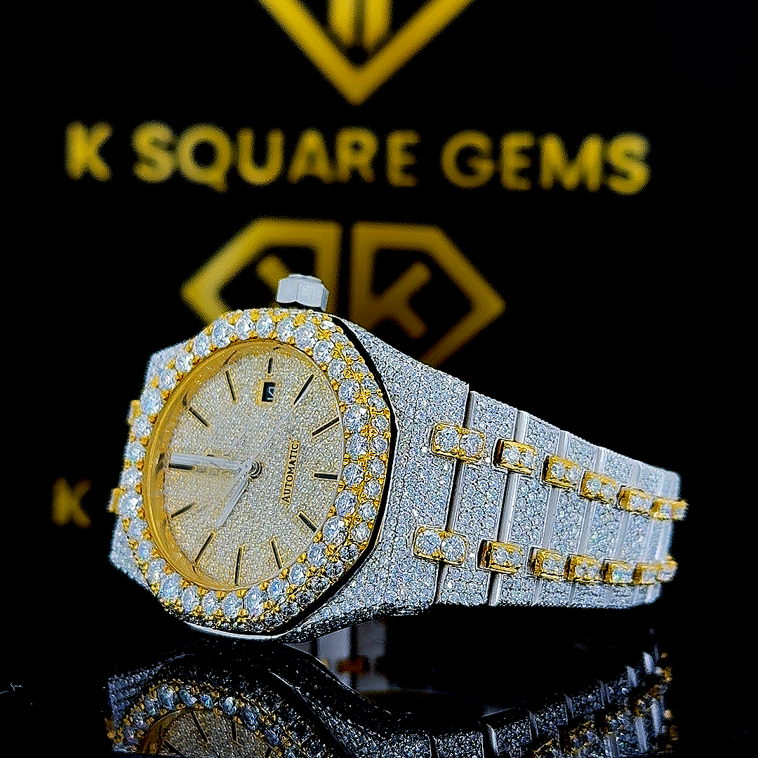 Royal Oak Two Tone Bust Down Moissanite Diamond Watch Left Profile View