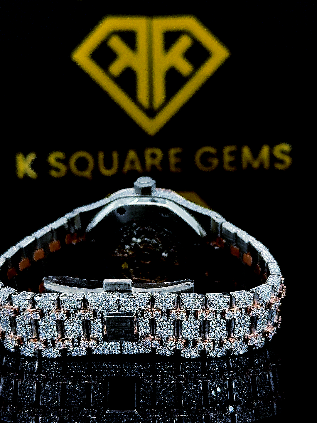 Royal Oak Two Tone Iced Out Skeleton Dial Moissanite Watch Back View