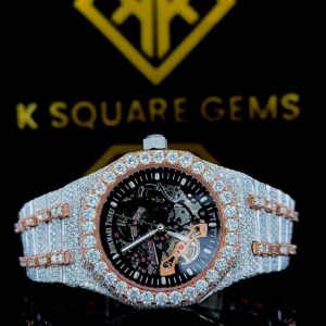 Royal Oak Two Tone Iced Out Skeleton Dial Moissanite Watch Front Side View