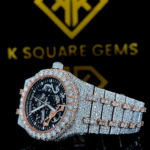 Royal Oak Two Tone Iced Out Skeleton Dial Moissanite Watch Left Side View