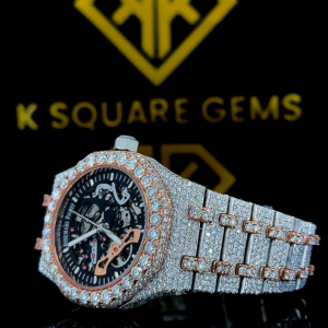 Royal Oak Two Tone Iced Out Skeleton Dial Moissanite Watch Left Side View