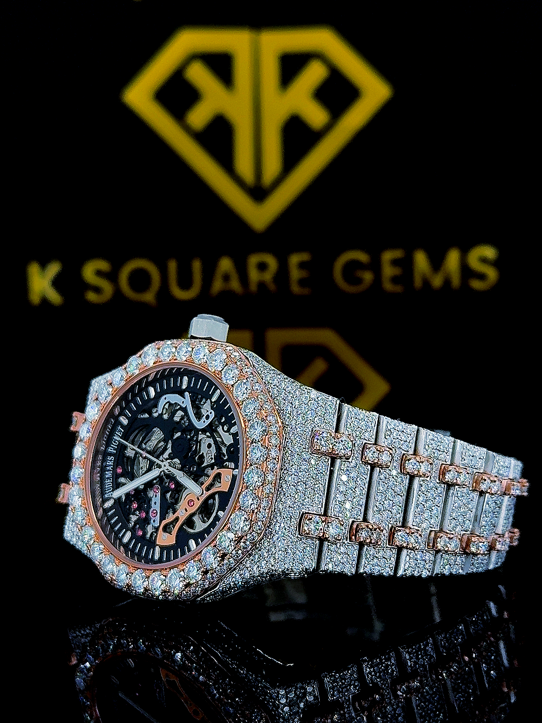 Royal Oak Two Tone Iced Out Skeleton Dial Moissanite Watch Left Side View