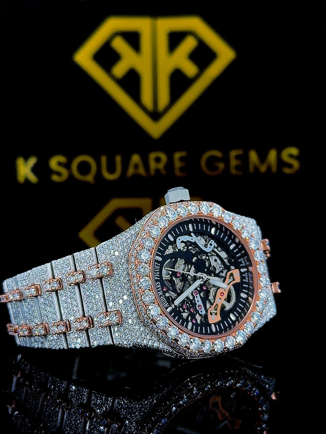 Royal Oak Two Tone Iced Out Skeleton Dial Moissanite Watch Right Side View