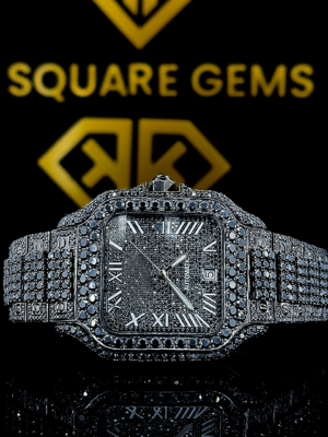 Cartier Santos Roman Numerals Black Diamond Dial Fully Iced Out Moissanite Watch